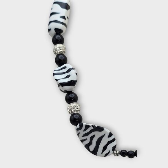 Zebra Print Beaded Statement Necklace – Black & White - Picture 4 of 8